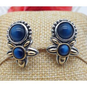 Michael Morrison Two Tone Silver & Gold Blue Glass Bead Floral Earrings Sign MX